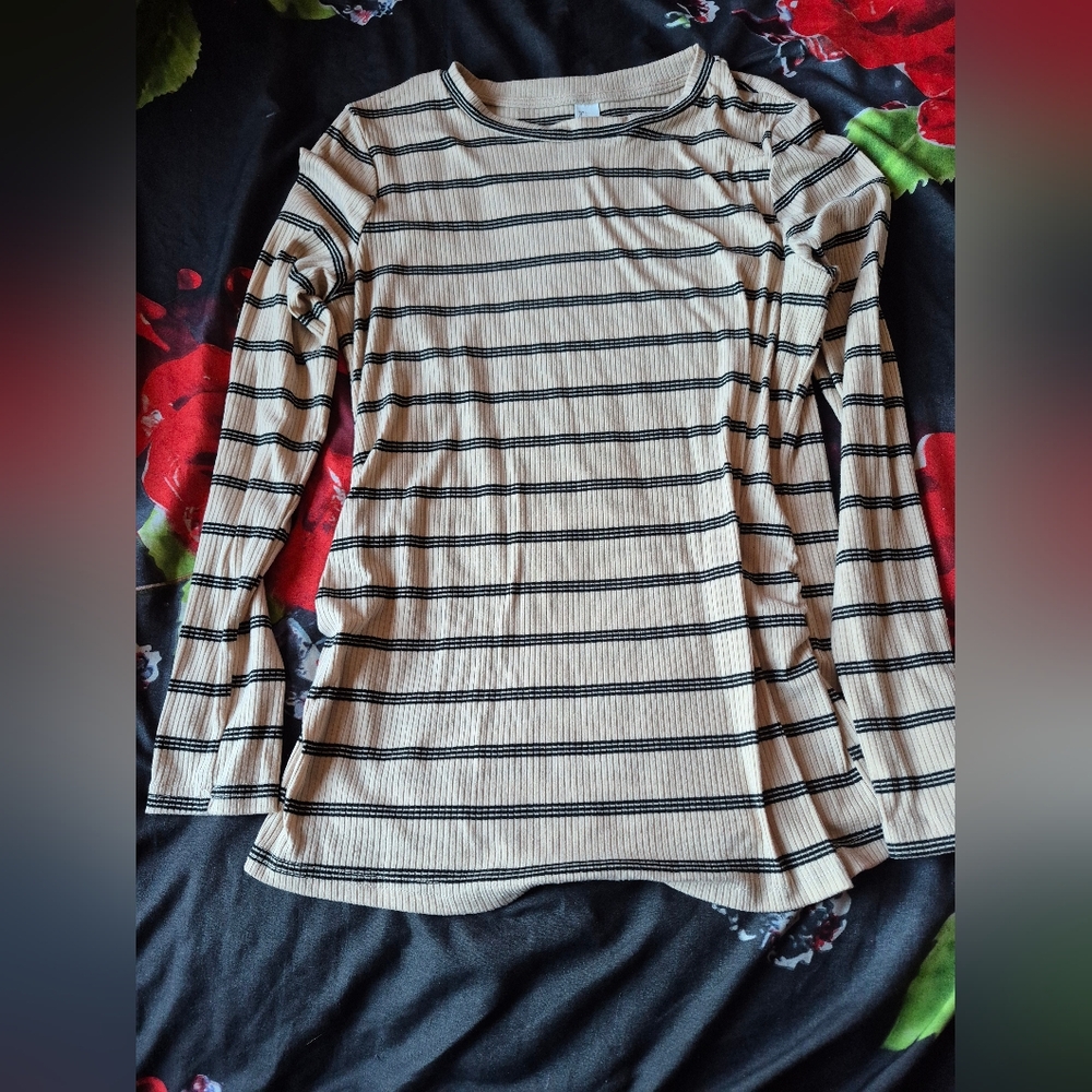 H&M Creme And Black Ribbed Striped Long Sleeve Top